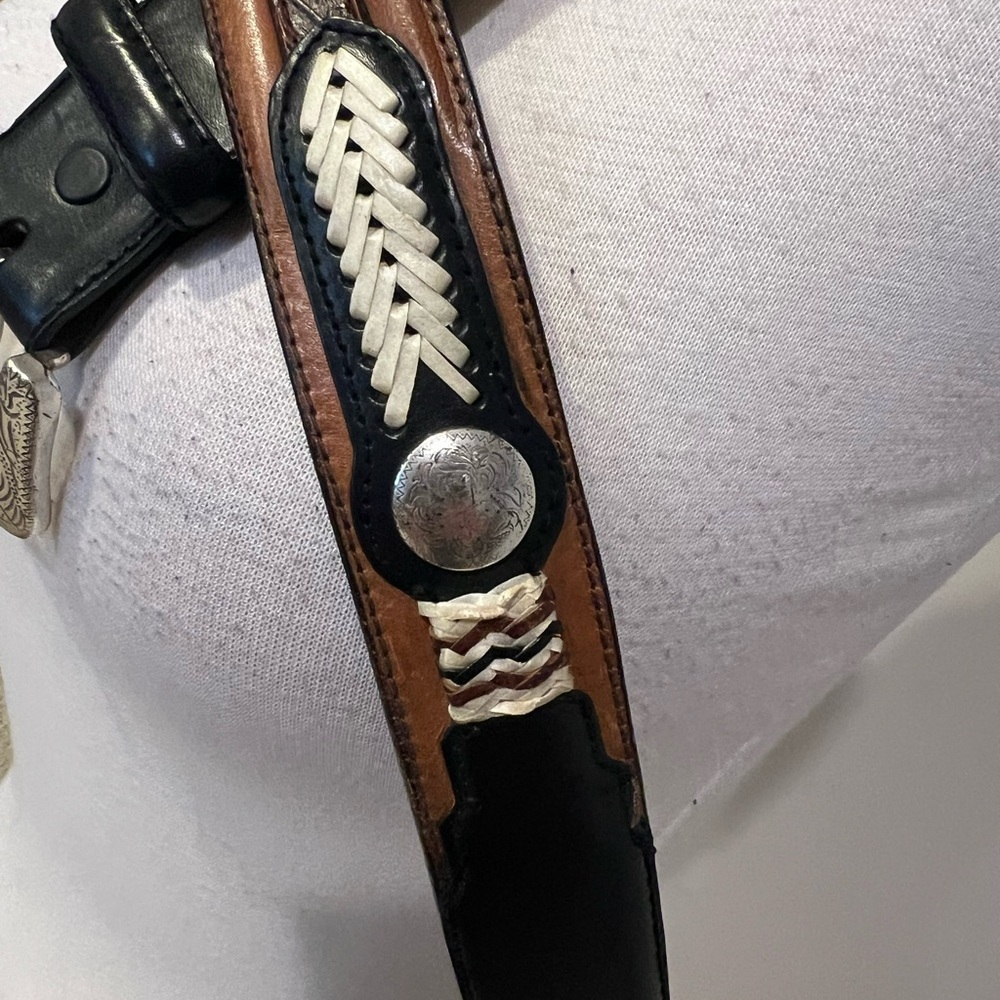 Nocona Belt Co. Men’s Western Black/Brown Leather Belt with Silver Buckle - Picture 5 of 7